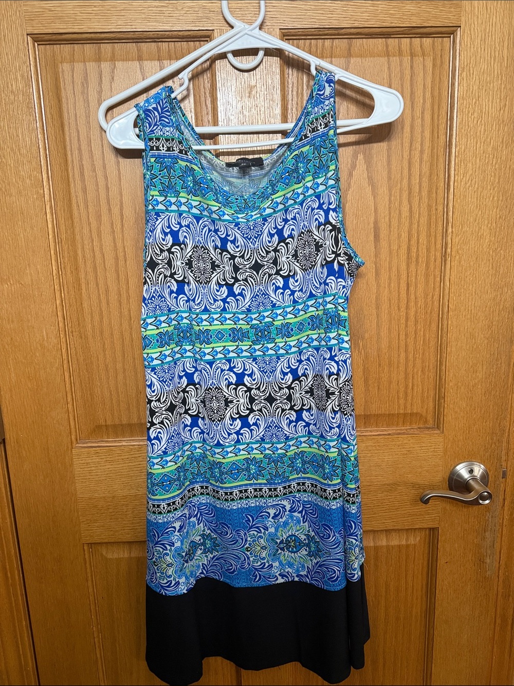 Ronni Nicole Blue & Green Printed Midi Dress with Black Hem